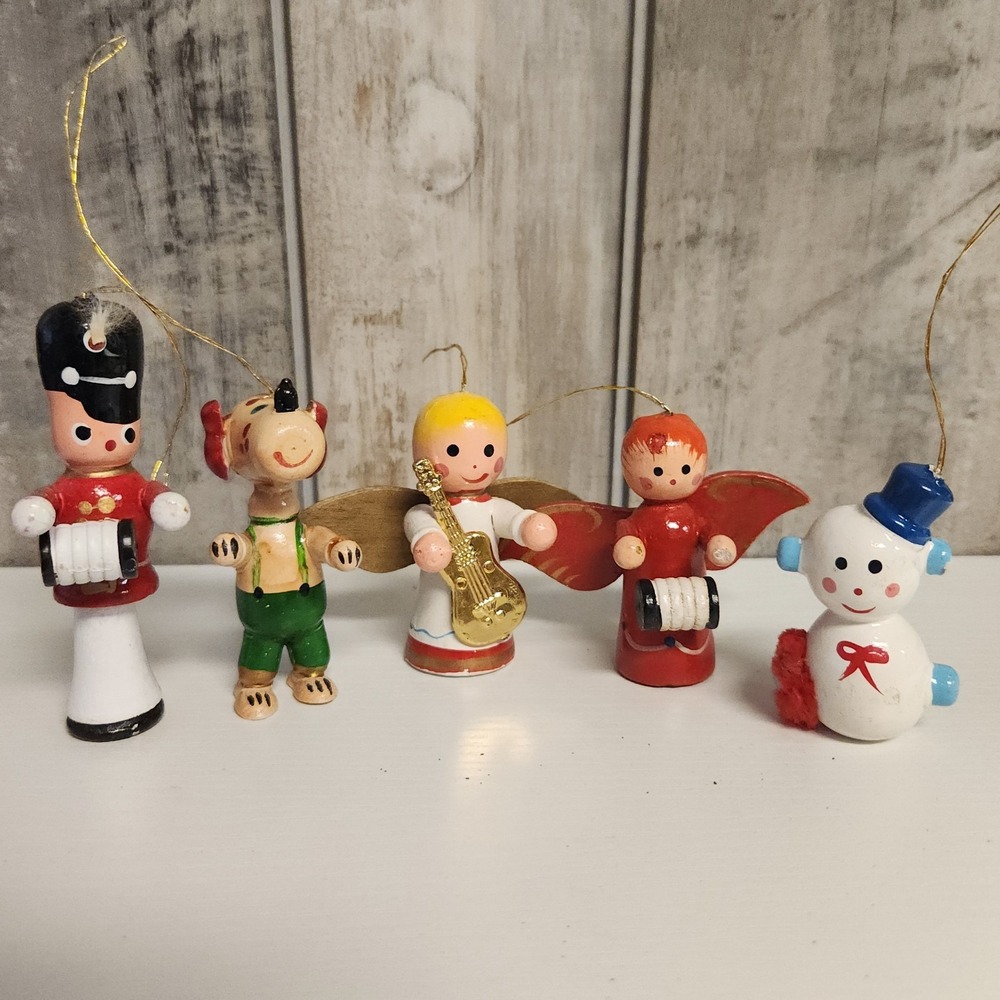 Vintage Wooden Mini Christmas Ornaments Band Angels Snowman Toy Solider Dog